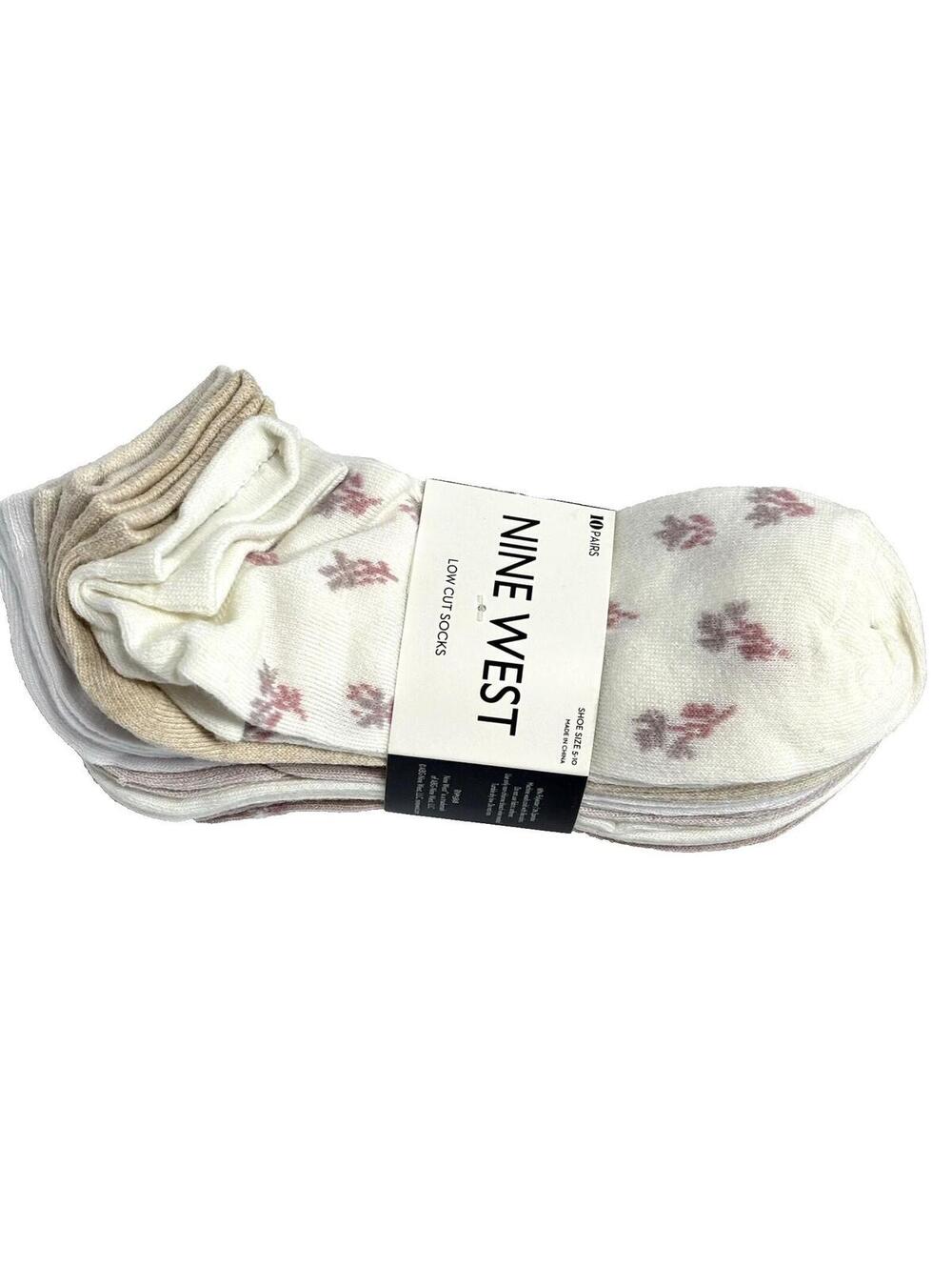 Nine West Women's 10-Pairs Low Cut Socks, White Floral Print Brand New Size 5-10
